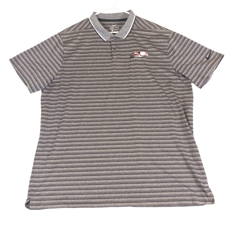 Nike Dri-FIT Mens XXL Gray Striped Short Sleeve Golf Polo Shirt Falcon Logo